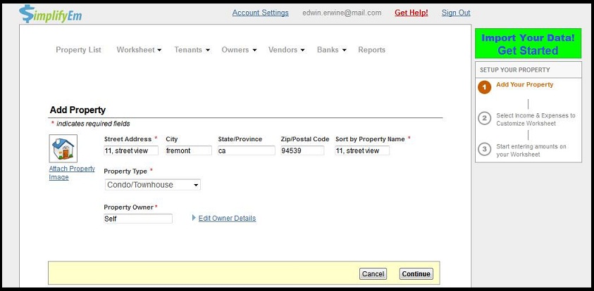 property setup screen